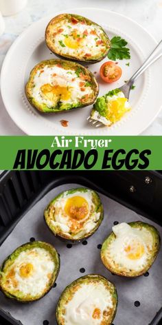 an air fryer with eggs and avocado in it on a plate next to other food