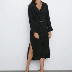 New With Tag Size Xs Chic Belted Maxi Dress For Night Out, Black Belted Maxi Dress For Fall, Casual Belted Maxi Dress For Date Night, Belted Maxi Dress For Spring Night Out, Belted Maxi Dress For Night Out In Spring, Black Maxi Length Shirt Dress, Summer Black Belted Midi Dress, Black Belted Midi Dress, Black Long Sleeve Maxi Dress For Day Out