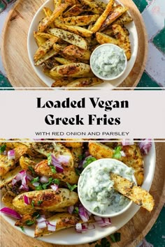 loaded vegan greek fries with red onion and parsley on a wooden platter