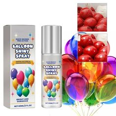 balloons and spray are in front of a box with the same colors as it appears to be