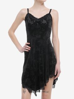 Enter your gothic cowgirl era in this black  velvet dress! Featuring celestial  scorpion and rose designs debossed allover. Comes with an asymmetrical hem with lace trimming and adjustable cami straps.95% polyester; 5% spandexWash cold; dry lowStretchy materialLength: 37''ImportedListed in junior sizesModel is 5'10''Model wears size Small Gothic Cowgirl, Cosmic Aura, Cowgirl Era, Cutesy Outfit, Velvet Slip Dress, Green Velvet Dress, Tall Hoodies, Plus Size Swim, Plus Size Fits