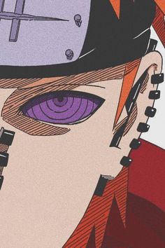 an anime character with purple eyes and black hair wearing a helmet on top of his head