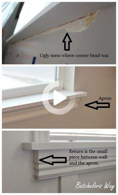 three pictures showing how to fix the window seal on an old window sill, with arrows pointing up and down