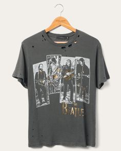 Women's The Beatles Rooftop Vintage Destroy Tee | Junk Food Clothing Cotton Crew Neck Top With Band Logo, Band Logo Crew Neck Top For Fall, Vintage Crew Neck Tops For Concerts, Fall Band Logo Crew Neck Tops, Crew Neck Tops With Band Logo For Fall, Retro Distressed Tops For Concert, Relaxed Fit Band Logo Tops For Concerts, Relaxed Fit Tops With Band Logo For Concerts, Cotton Tri-blend Tops With Band Logo