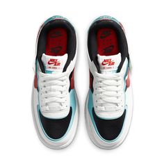 Nike Womens WMNS Air Force 1 Shadow 'White Bleached Aqua' Summit White/Bleached Aqua/Black/Chile Red DA4291-100 Tenis Air Force, Air Force Shoes, Nike Air Force 1 Shadow, Air Force 1 Shadow, Cheap Shoes, Timeless Handbag, Luxe Fashion, Stylish Bag, Bags Designer Fashion