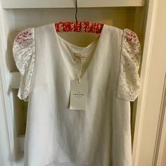 Sezane Blouse Colette Brand New With Tags Size 34 / Us 2 Polyester Color Ecru Elegant Short Sleeve Lace Top For Brunch, Chic Short Sleeve Lace Top For Wedding, Elegant Linen Blouse With Lace Trim, Sezane Blouse, White Wrap Top, White Eyelet, V Neck Blouse, Blouse Vintage, Cotton Blouses