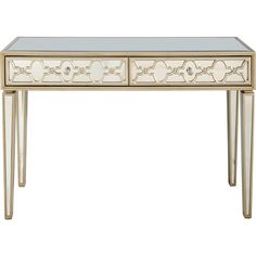 a white and gold console table with two drawers on one side, an open drawer on the other