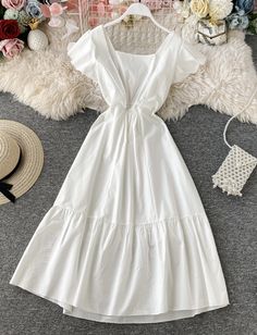 Lovely white short sleeve dress summer dressFabric: blendedColor: whiteSize(cm): S, M, L, XLS length 110 bust 84 waist 64M length 111 bust 88 waist 68L length 112 bust 92 waist 72&ltp&gtXL length 113 bust 96 waist 76&lt/p&gt&ltbr/&gt Summer Short Sleeve Solid Color Maxi Dress, White A-line Short Sleeve Dress For Spring, Summer Maxi Dress With Short Sleeves In Solid Color, Chic Summer Short Sleeve Dress, White A-line Midi Dress For Summer, White A-line Maxi Dress With Ruffles, White Solid Mini Dress, Square Neck Solid Color Mini Dress For Summer, Elegant Short Sleeve Summer Dress In Solid Color