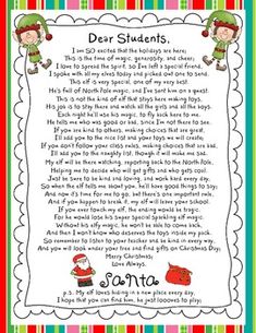 the poem for dear students to write in their classroom's elf themed writing paper