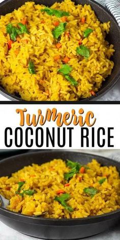 turment coconut rice in a skillet with text overlay