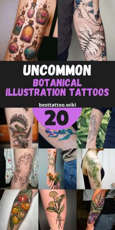 many different tattoos are shown with the words uncommon botanical illustration tattoos on their arms and legs