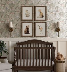 a baby's room with four framed pictures on the wall and a crib