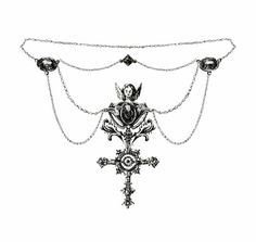 a black and white drawing of a cross with chains around it's neck, on a white background