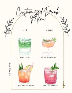 CUSTOM DRINK MENU - personalize it to your liking with a fun title and different drink names! Please message me with the personalization after purchasing! You will receive it within 24 hours after personalization has been specified in messages! Graduation Drink Names, Graduation Cocktail Drink Names, Custom Drink Menu Wedding, Bachelorette Drink Names, Drinks Menu Wedding, Cocktail Menu Wedding Bar Ideas, Custom Drink Menu Birthday, Bar Menu Wedding Signature Cocktail, Wedding Alcohol