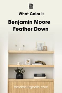 a book shelf with books on it and the words what color is benjamin moore's father down