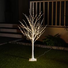 a white lighted tree in the grass at night with its branches still on it's side