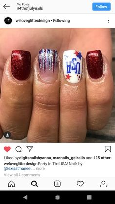 Fingernail Polish, Nail Decals, 4th Of July, Nail Designs, Nail Art, Glitter