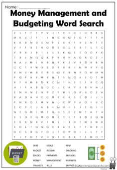 the money management and budgeting word search is shown in this printable worksheet