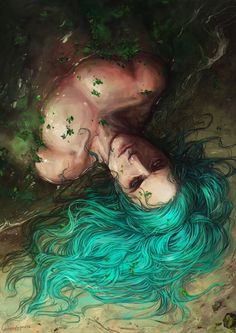 a painting of a woman with blue hair laying down on the ground in green water