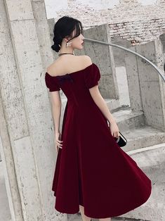 If you need rush order service, please let us know.  Custom size/color and Rush Order are available, and no extra cost. Material:Velvet Color: Wine Red Hemline: Tea Length  Back Details: Zipper Delivery times: Processing time:    2-3 weeksShipping time:       3-5 working days Custom Measurements For custom size, please Off Shoulder Prom Dresses, Velvet Homecoming Dress, Long Black Evening Dress, Dresses Off Shoulder, Velvet Evening Dress, Knee Length Bridesmaid Dresses, Velvet Bridesmaid Dresses, Custom Bridesmaid Dress, Satin Evening Dresses