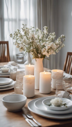 the table is set with candles and plates