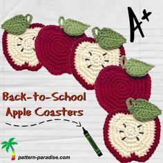 three crocheted apples with faces on them and the words back - to - school apple coasters