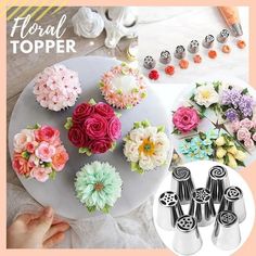 several different types of flowers are being used to decorate cupcakes and cake toppers