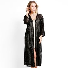 Size : One Size Material : 100% Polyester Black Spring Kimono For Beach Cover-up, Spring Beach Cover-up Black Kimono, Long Black Kimono For Beach Cover-up, Black One-size Kimono For The Beach, Black Long Sleeve Kimono, One Size, Black Sequins, Cover Up, Black