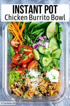 Instant Pot burrito bowl in glass rectangle food storage container. Title: Instant Pot Chicken Burrito Bowl Instant Pot Chicken Burrito Bowl, Chicken Rice And Beans, Chicken Burrito Bowl Recipe, Rice And Corn, Burrito Bowl Recipe, Crispy Taco Shells, Chicken Burrito Bowls, Vegetarian Bowls, Cooking Whole Chicken