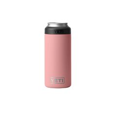 yeti insulated stainless steel water bottle in pink with black lid and logo on the side