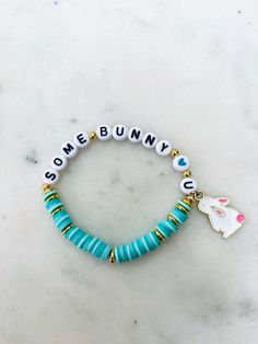 Custom order for your special some bunny! Cute Letter Beaded Jewelry For Friendship, Fun Personalized Everyday Jewelry, Cute Letter Beads Bracelet, Personalized Fun Everyday Jewelry, Cute Charm Bracelets For Friendship, Cute Blue Charm Bracelet For Friendship, Cute Blue Bracelet For Birthday, Personalized Turquoise Bracelets For Gift, Personalized Jewelry For Easter Gifts