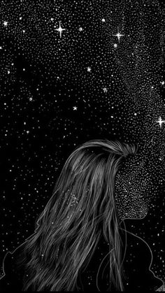 a black and white drawing of a woman's face with stars in the background