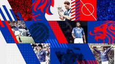 a collage of photos with soccer players and sports related items in blue, red and white