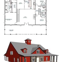 a red house with two floors and a second story floor plan on the same level