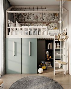 a loft bed with a ladder to the top and storage underneath it in a child's bedroom