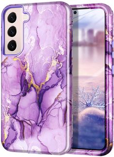 purple marble phone case with gold accents on the front and back cover for samsung s10