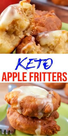 keto apple fritters are stacked on top of each other with the words keto