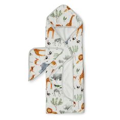 two baby swaddles with giraffes and trees on them, both in white