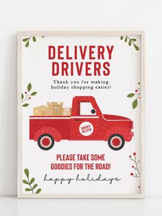 a red delivery truck with boxes on the back is featured in this holiday card design