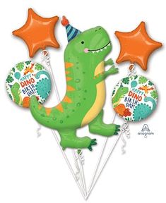 a green dinosaur balloon with stars and balloons