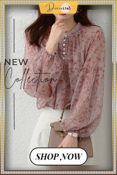 Elegant Loosen Lantern Sleeve Chiffon Blouse Flowy Long Sleeve Chiffon Blouse, Spring Chiffon Blouse With Lantern Sleeves, Long Sleeve Georgette Blouse, Chiffon Blouse With Blouson Sleeves, Long Sleeve Chiffon Blouse With Floral Print, Spring Chiffon Blouse With Blouson Sleeves, Flowy Chiffon Blouse For Work, Elegant Floral Print Georgette Blouse, Elegant Georgette Blouse With Floral Print