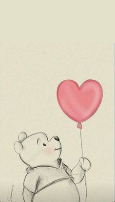 a drawing of a teddy bear holding a heart shaped balloon in the air with one hand