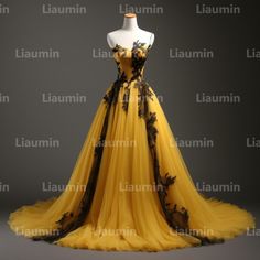 Yellow Tulle and Black Lace Applique Strapless Full Length Tull Prom Dress Evening Dress Custom Hand Made A2-6.8 on Storenvy Prom Dress Evening, Pregnancy Shoes, Color Swatch, Dress Evening, Brand Collection, Gaming Clothes, Evening Dresses Prom, Lace Applique, Yellow Dress