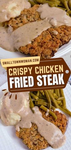 crispy chicken fried steak with gravy and green beans on a white plate