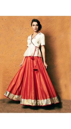 Frock Style Crop Skirt In Crimson And Off White Long Indian Blouse Design, Blouse Designs Kediya Style, Lahanga Tops Design, Chaniya With Long Kurti, Kediya Style Top With Chaniya, Navratri Kediya Blouse, Kediya Style Blouse For Saree, Kediya Style Blouse For Chaniya Choli, Kediyu Blouse Chaniya Choli