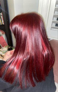 Rubine Hair Color, Ruby Hairstyle, Ruby Red Hair Dye, Shiny Red Hair, Ruby Red Hair Color, Red Hair With Bangs Aesthetic, Neapolitan Hair, Ruby Hair, Ruby Red Hair