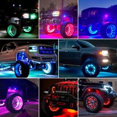 several pictures of different types of trucks with lights on their tires and rims, all in various colors