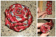 three pictures show how to make a fabric flower brooch with ribbon and wood handle