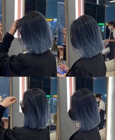 Gray Blue Ombre Hair, Blue Hair Color For Short Hair, 2 Tone Blue Hair, Short Hair Blue Color, Fun Dyed Hair For Brunettes, Blue Black Hair Color Short, Moonlight Hair Color, Blue And Black Hair Short, Outfits For Blue Hair