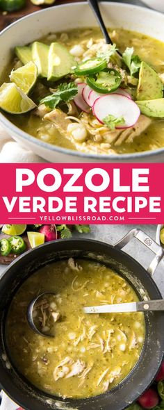 two bowls filled with soup and vegetables on top of a white tablecloth, next to the words pozole verdre recipe